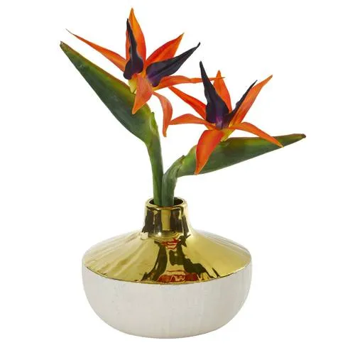 14" Bird of Paradise Artificial Arrangement in Gold and Cream Elegant Vase