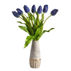 22" Dutch Tulip Artificial Arrangement in Stoneware Vase with Gold Trimming