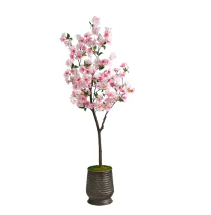 5.5' Artificial Cherry Blossom Tree in Ribbed Metal Planter - Low Maintenance, Life-Like & Vibrant Silk Trees For Busy People.