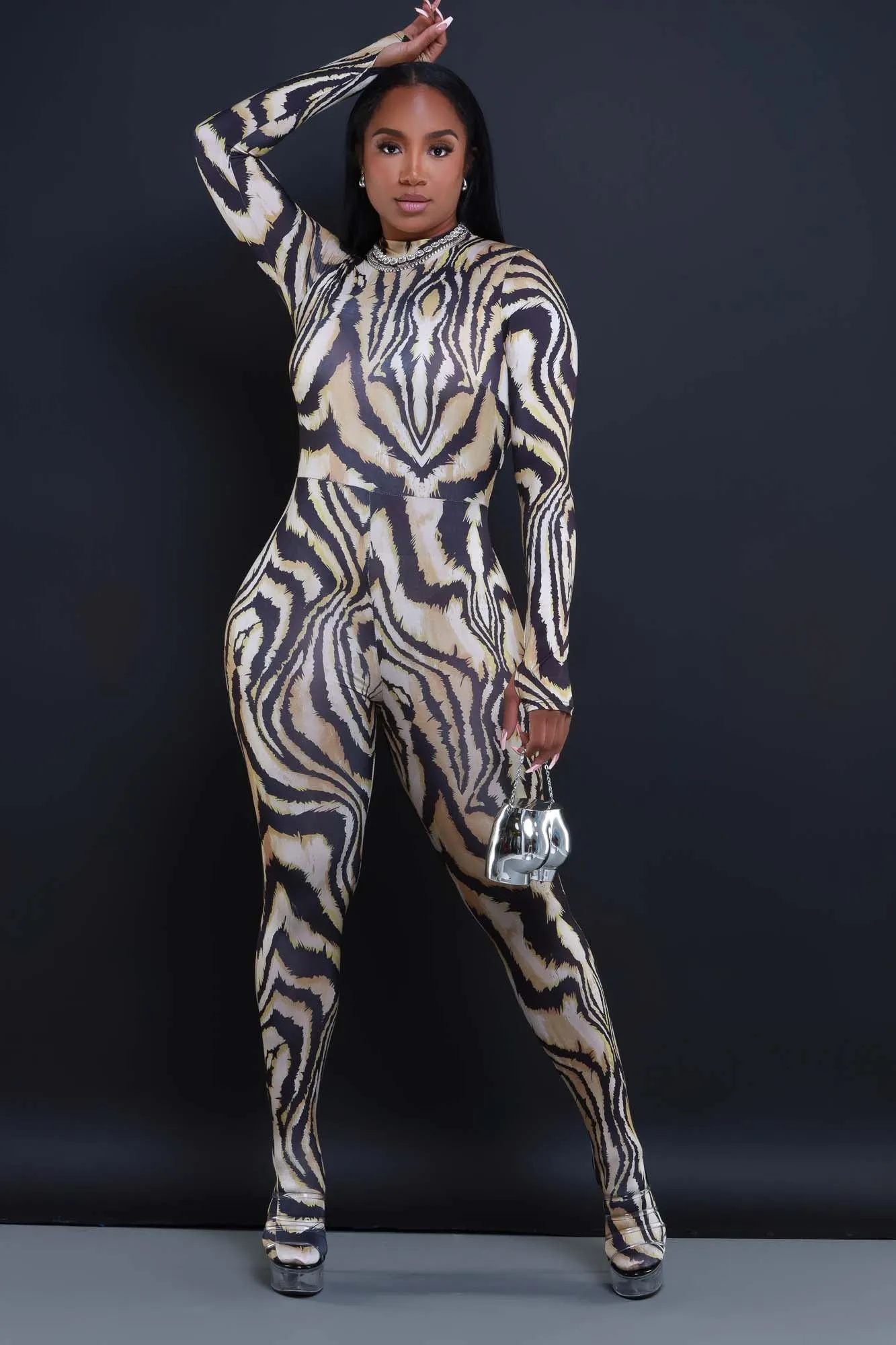 Arrive Now Animal Print Bodycon Jumpsuit - Black Multicolor