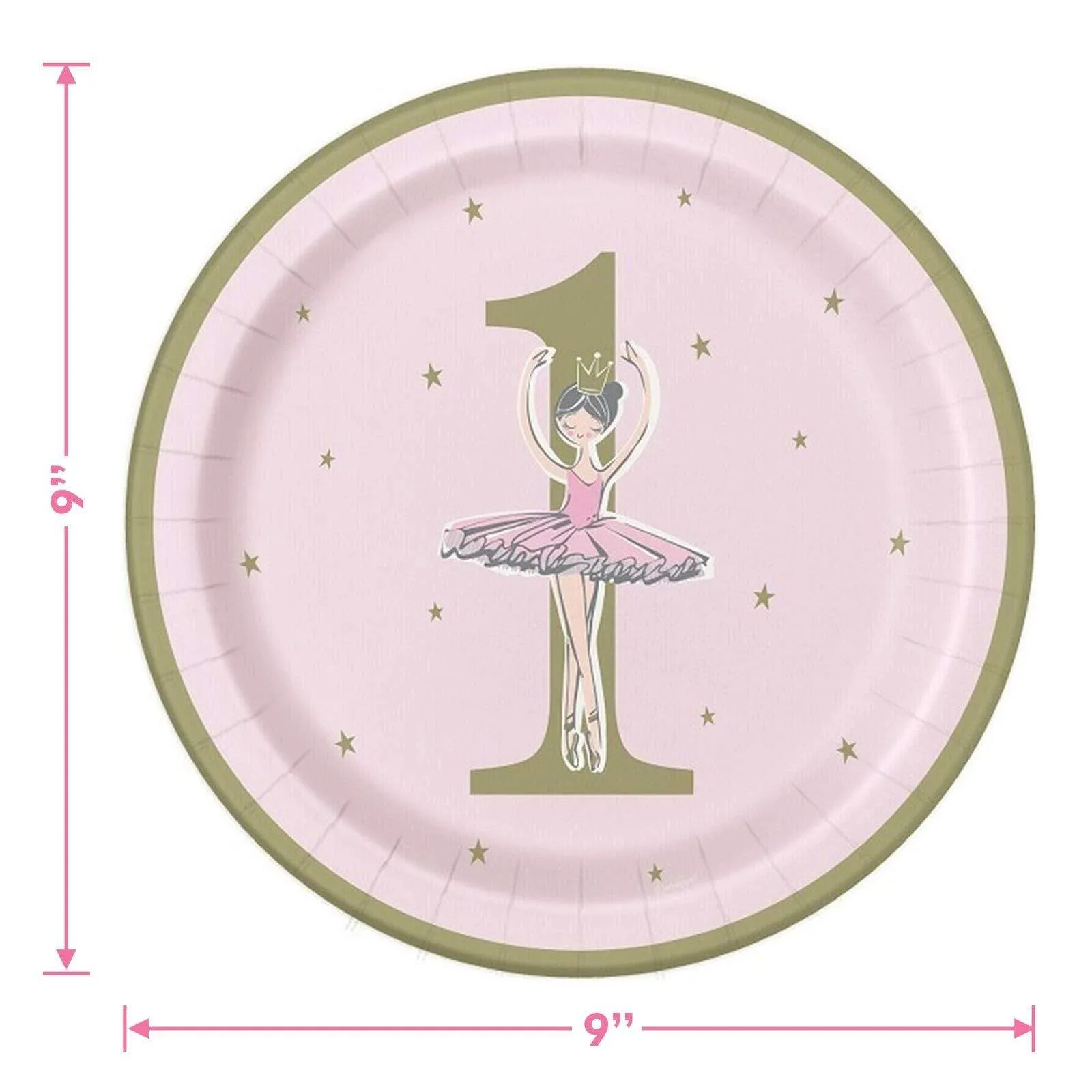 Ballerina Pink & Gold Paper 1st Birthday Paper Dinner Plates and Lunch Napkins (Serves 16)