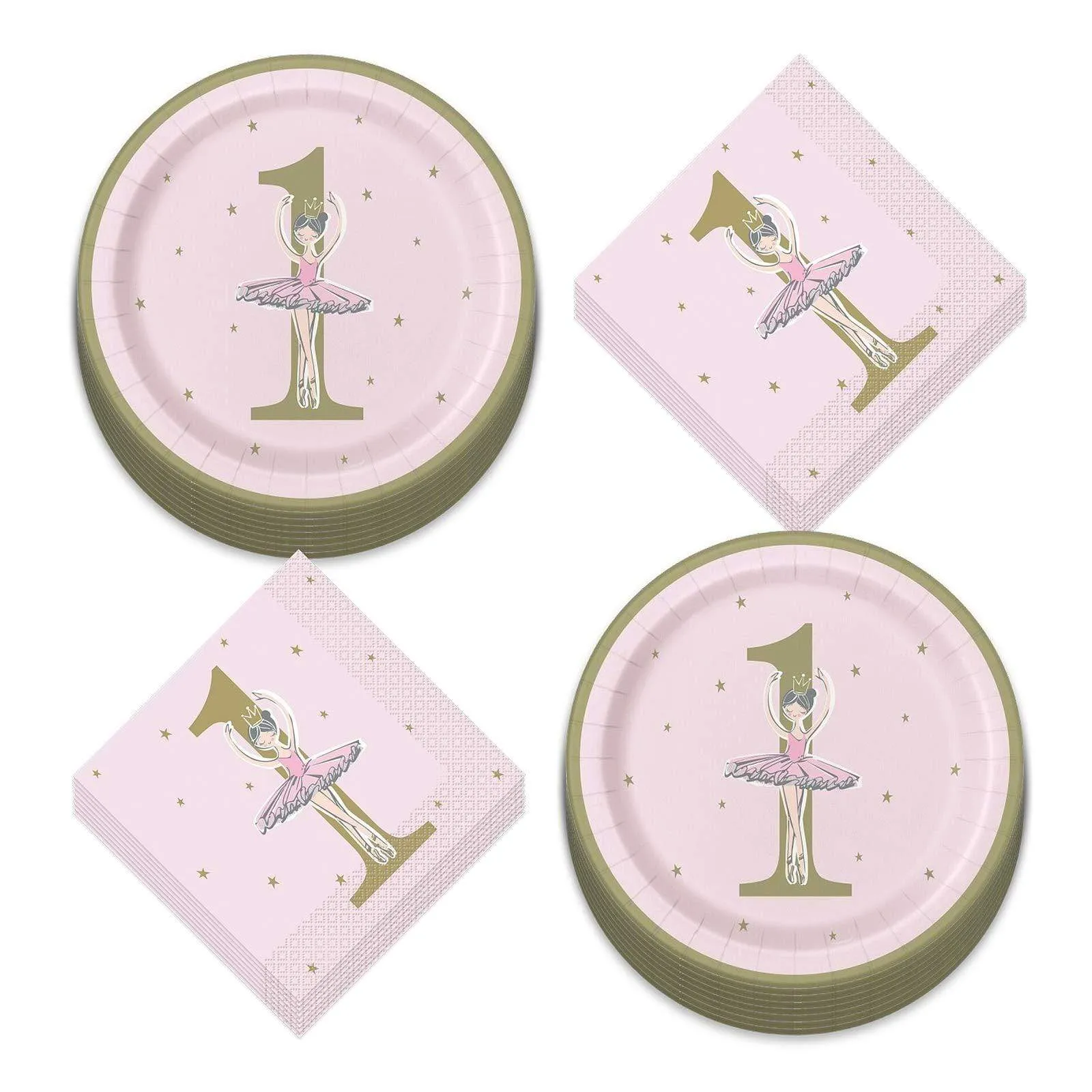 Ballerina Pink & Gold Paper 1st Birthday Paper Dinner Plates and Lunch Napkins (Serves 16)