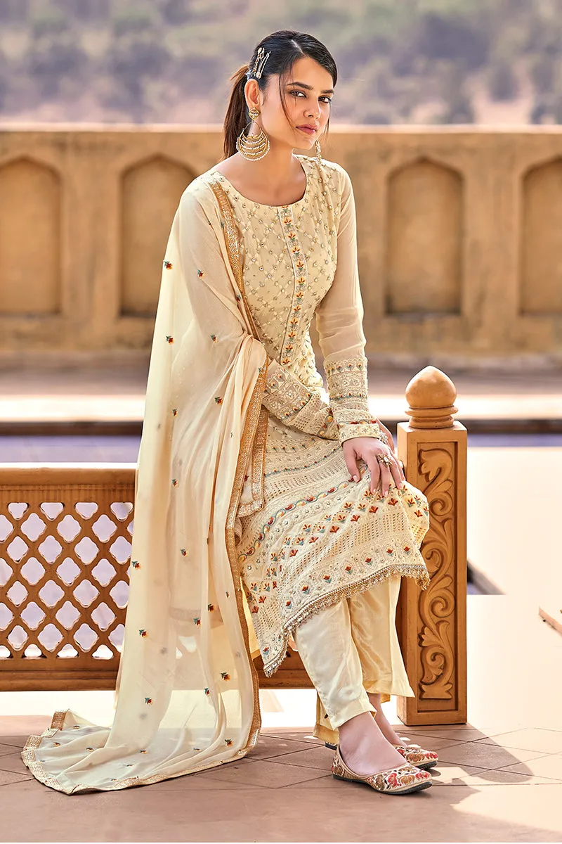 Beautiful Beige Georgette Viscose Embroidered Salwar Suit