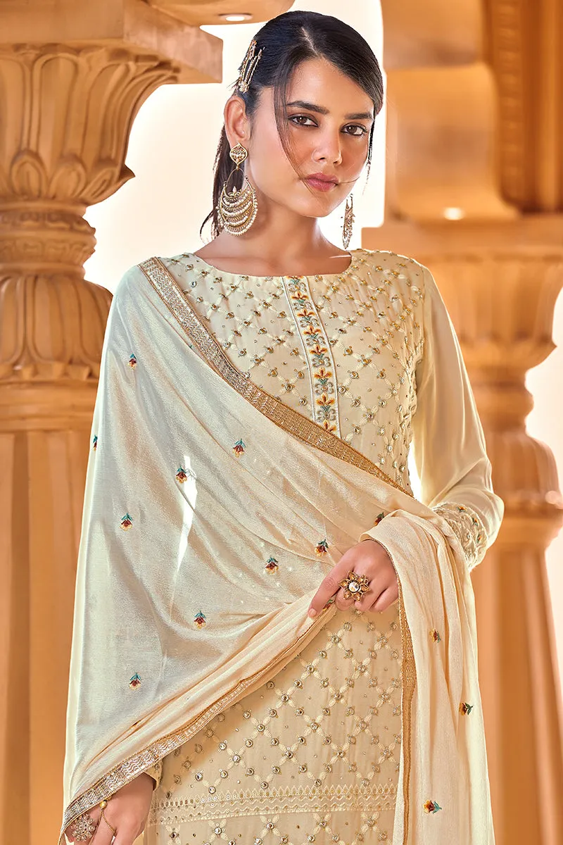 Beautiful Beige Georgette Viscose Embroidered Salwar Suit