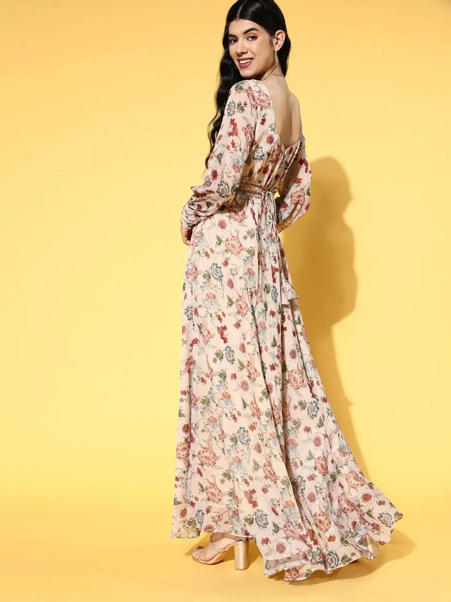 Beige Chiffon Floral Printed Gown with Embellished Belt