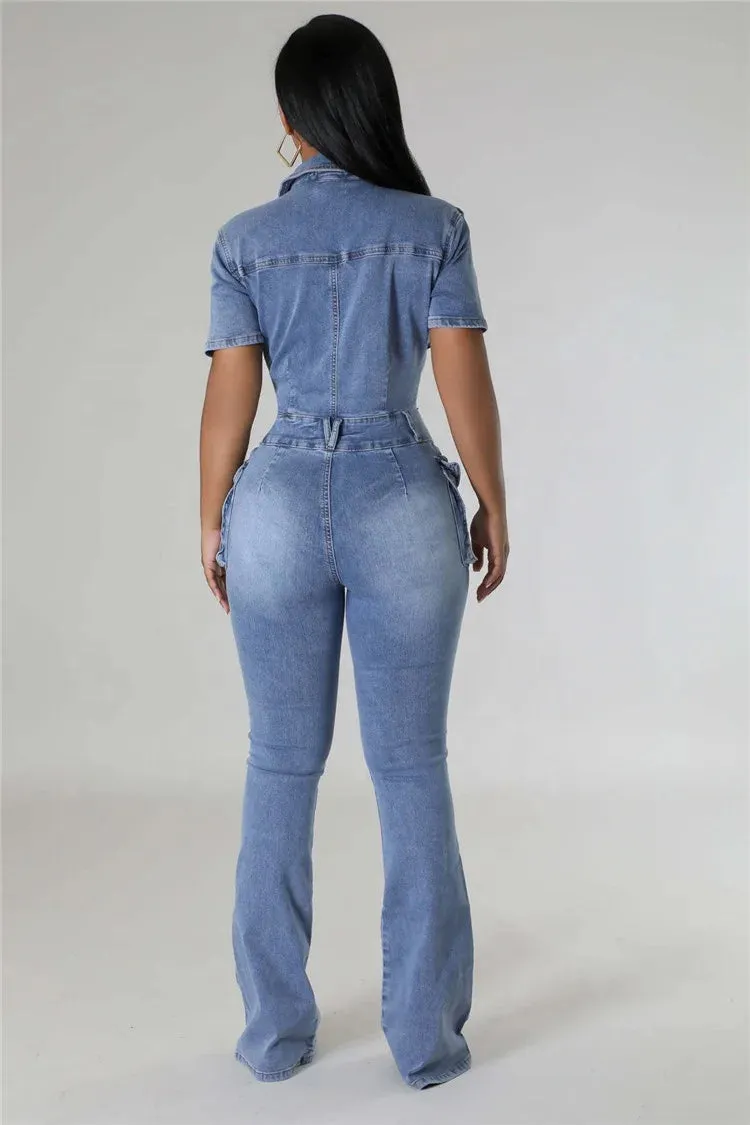 Blue Fashion Pocket Denim Jumpsuits Women Turndown Collar Button Short Sleeve Slim Playsuits Casual Cowboy Overall 2024