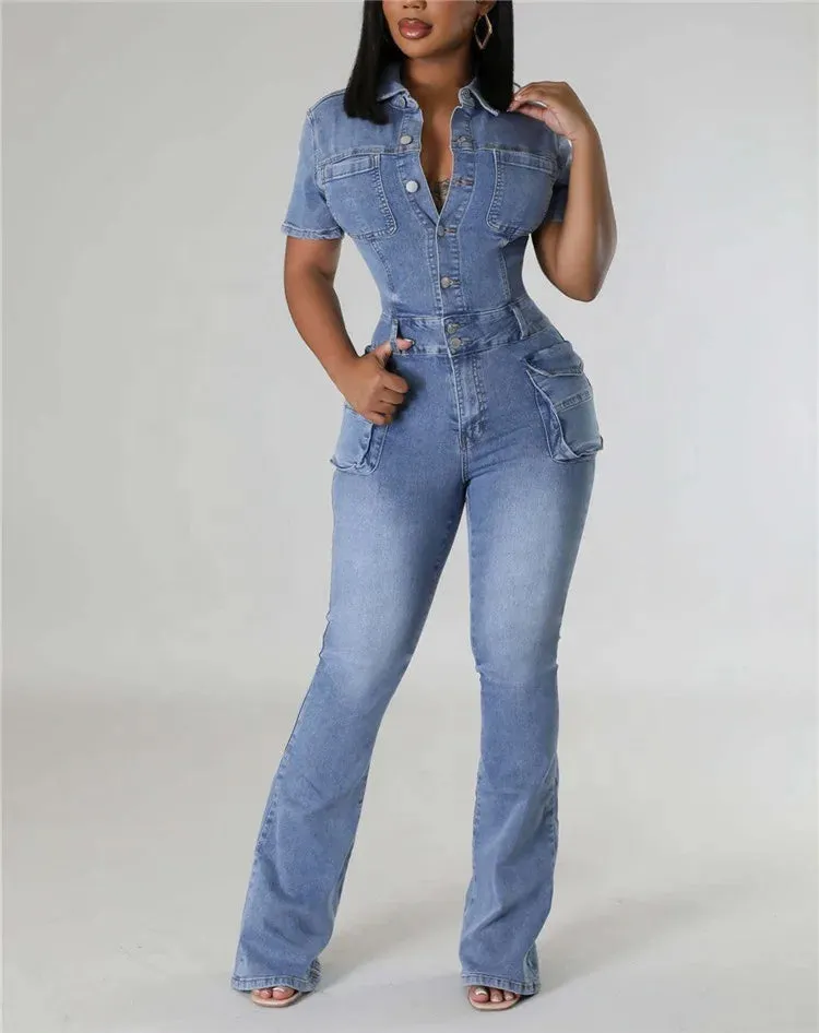 Blue Fashion Pocket Denim Jumpsuits Women Turndown Collar Button Short Sleeve Slim Playsuits Casual Cowboy Overall 2024