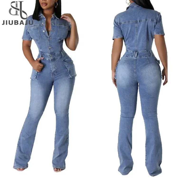 Blue Fashion Pocket Denim Jumpsuits Women Turndown Collar Button Short Sleeve Slim Playsuits Casual Cowboy Overall 2024