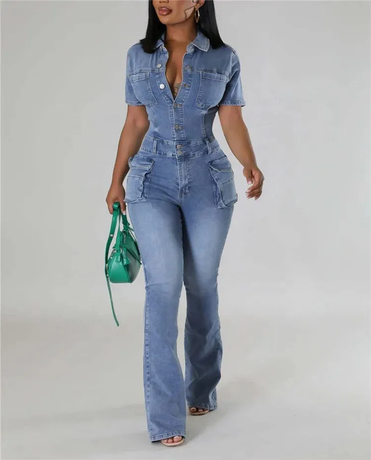 Blue Fashion Pocket Denim Jumpsuits Women Turndown Collar Button Short Sleeve Slim Playsuits Casual Cowboy Overall 2024