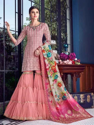 Blush Pink Lucknowi Embroidered Pakistani Style Gharara Suit