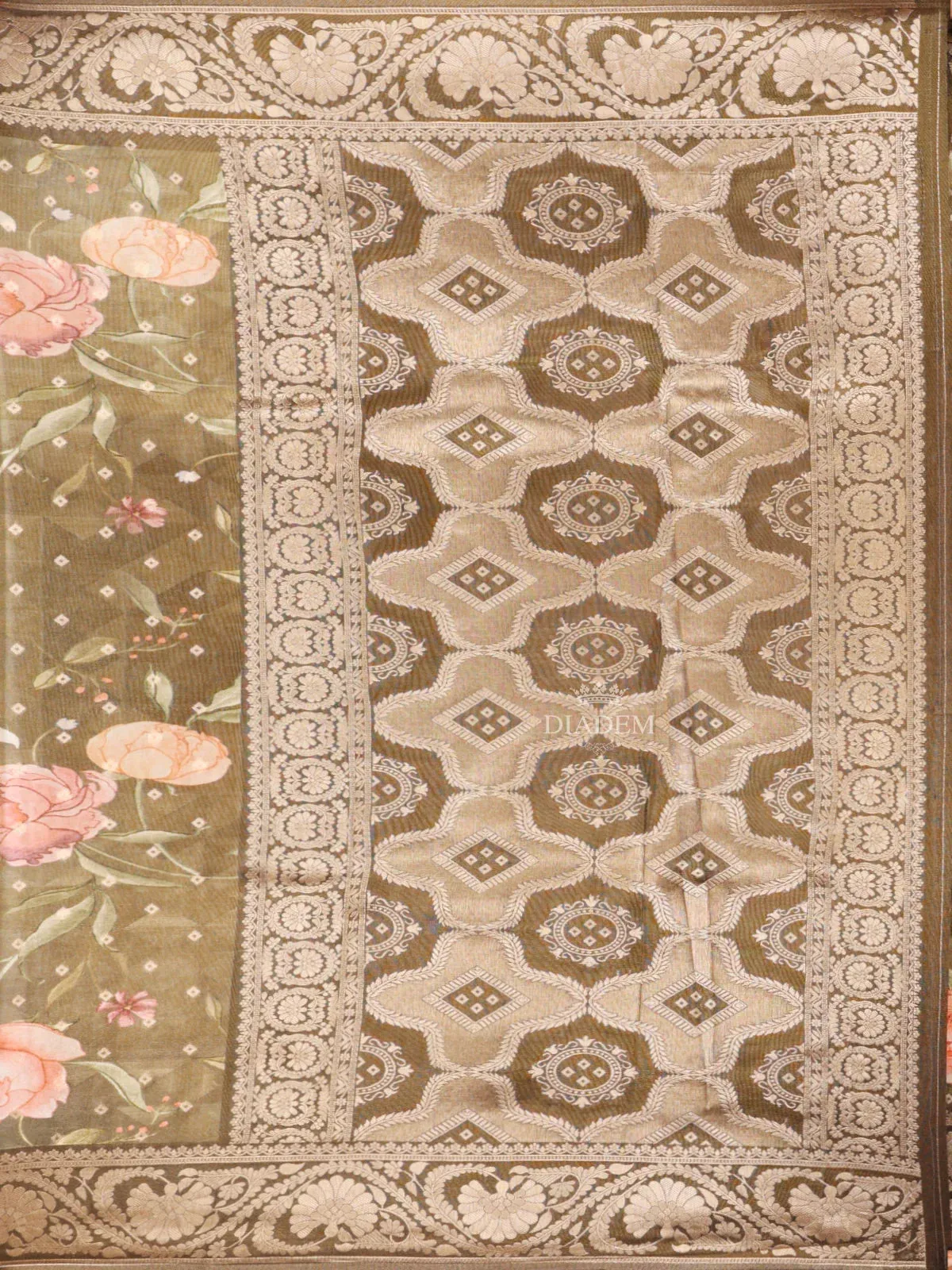 Brown Banarasi Saree with Floral Design on the Body with Designed Border