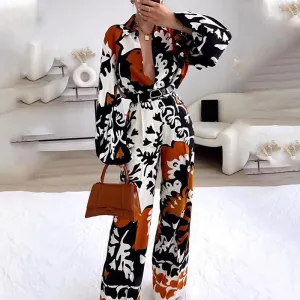 Buttoned Commuter Lapel Long Sleeve Printed Chic Boho Wholesale Women'S Jumpsuit