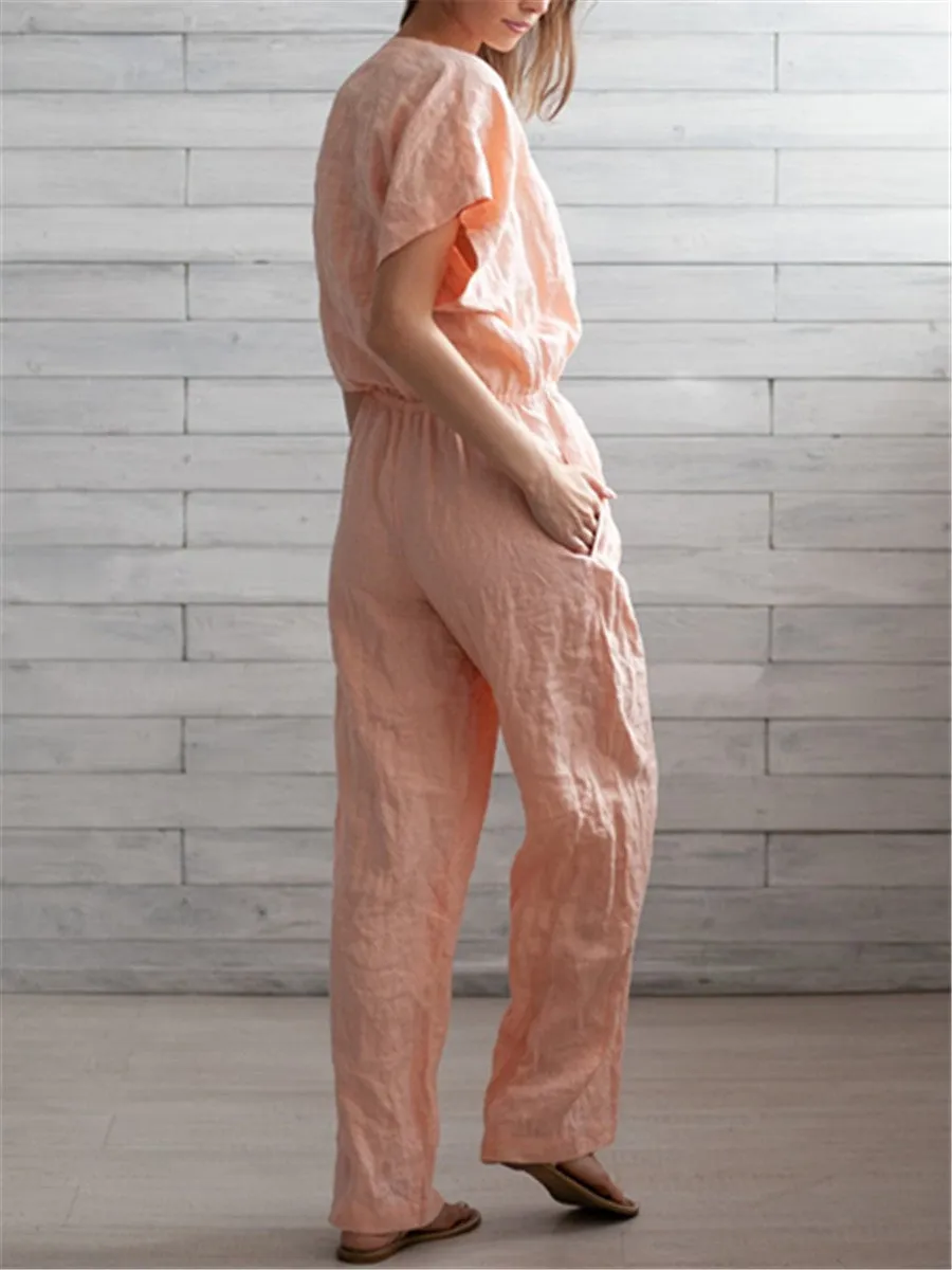 Casual Cotton And Linen Solid Cross V Neck Jumpsuits