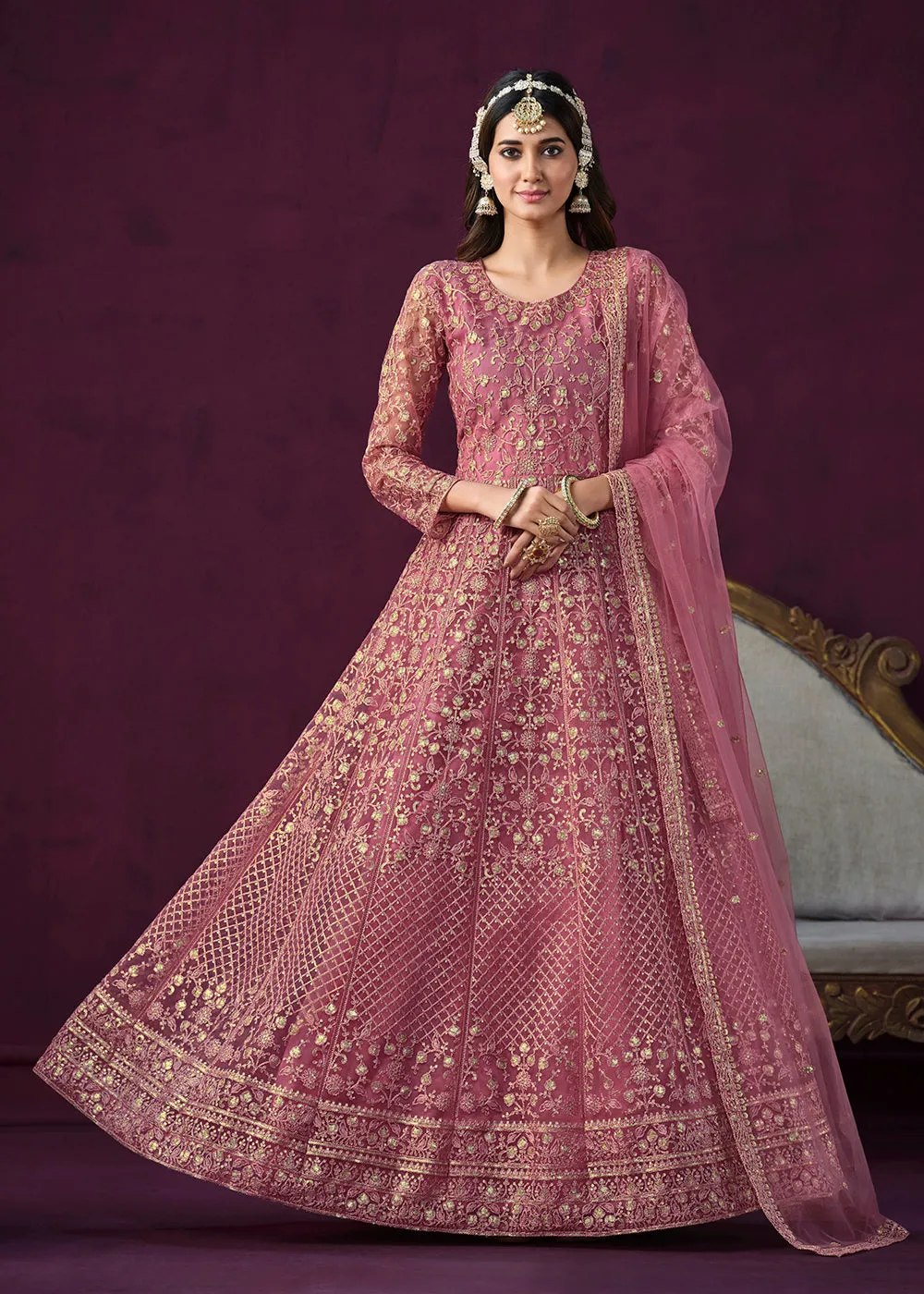 Charming Pink Embroidered Net Floor Length Anarkali Suit