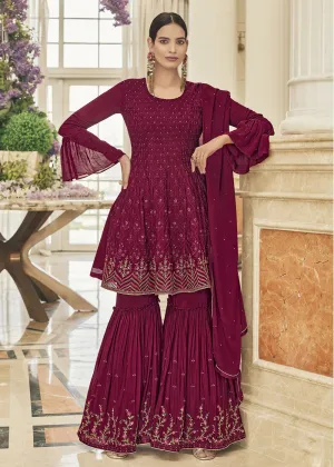 Chinon Silk Blazing Hot Pink Zarkan Embroidered Gharara Suit