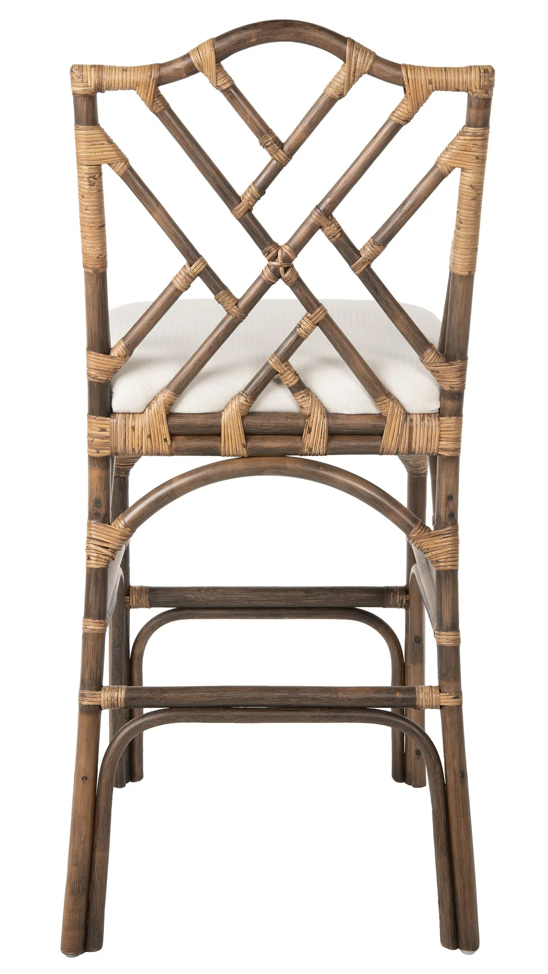 Chippendale Rattan Barstool, Antique Brown and Off-White Upholstery