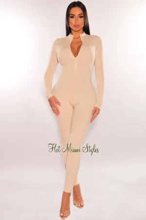 Cream Ribbed Zipper Long Sleeve Jumpsuit