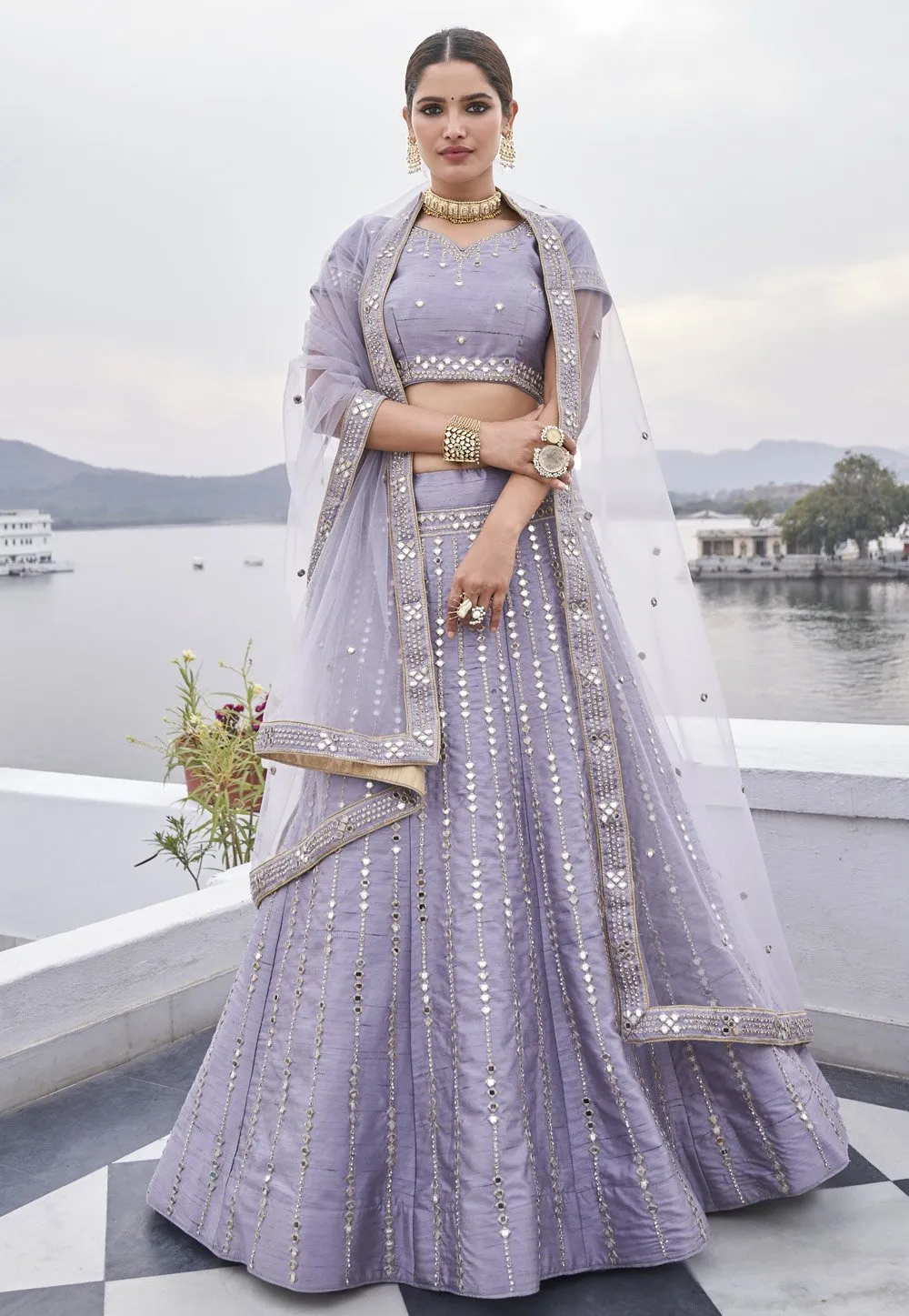 Cute Lavender Mirror Work Embroidered Wedding Lehenga Choli