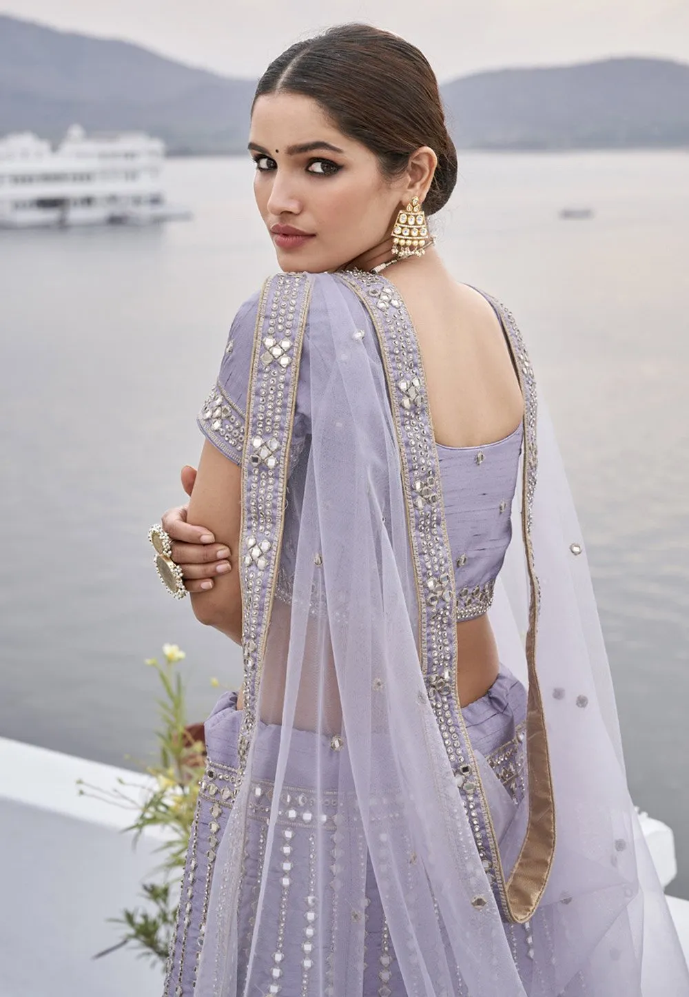 Cute Lavender Mirror Work Embroidered Wedding Lehenga Choli