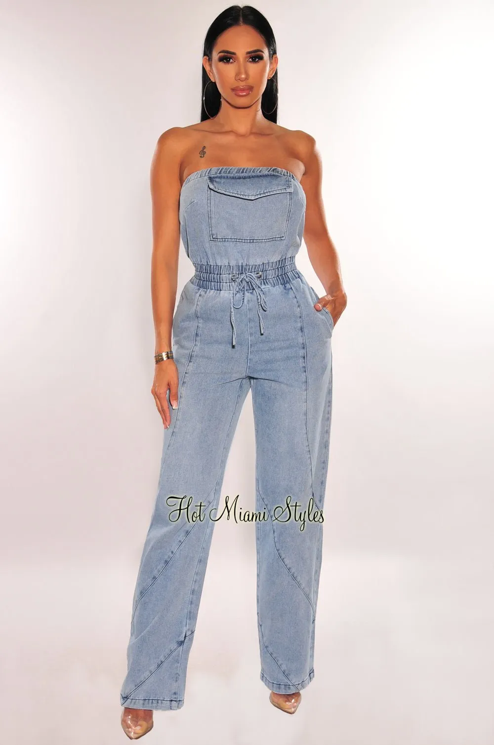 Denim Strapless Drawstring Wide Leg Jumpsuit