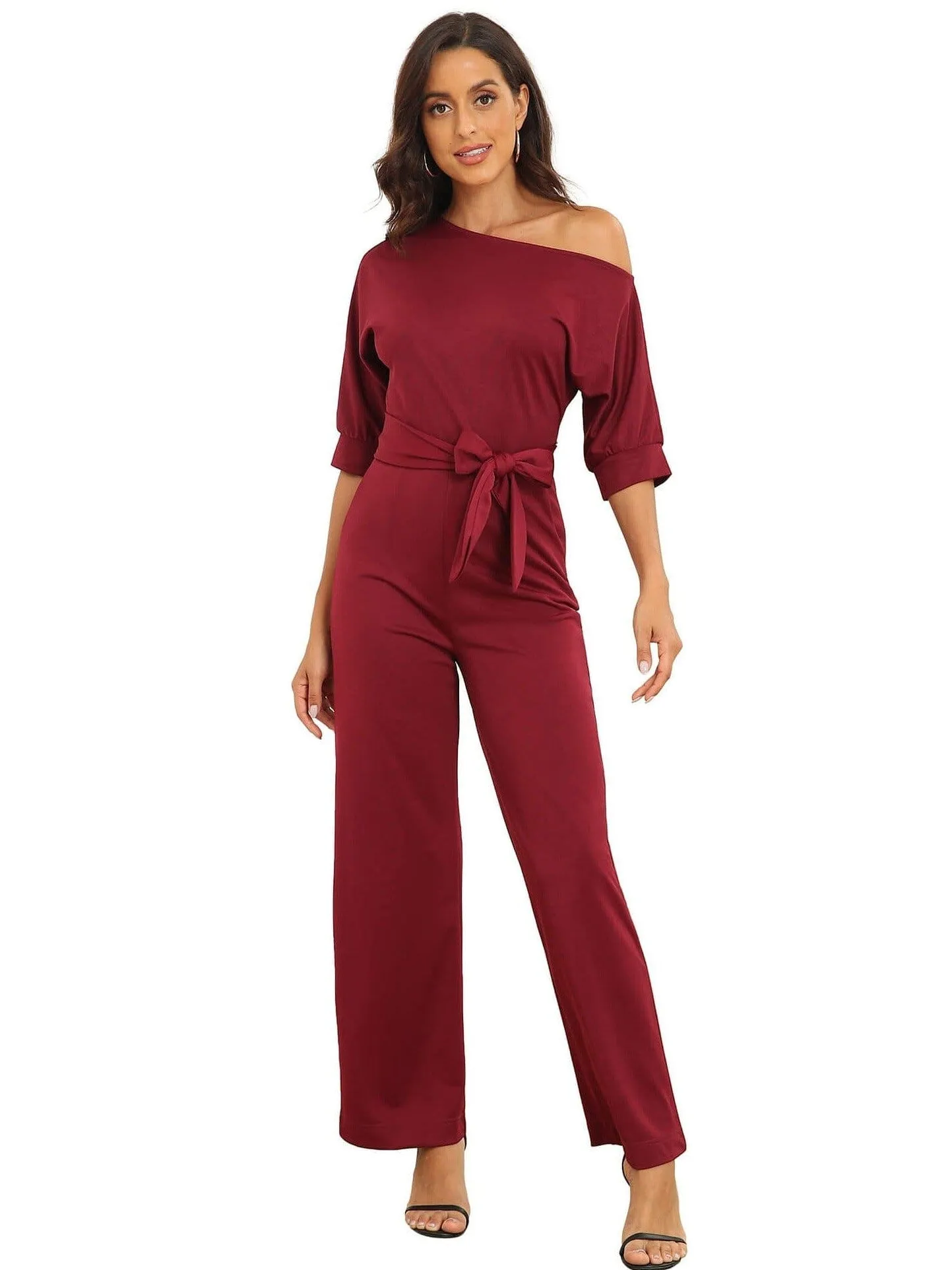 Dressy Jumpsuits for Women - Loose, Casual, Off-Shoulder, Wide Leg, Elastic Waist, Stretchy, 3/4 Sleeve