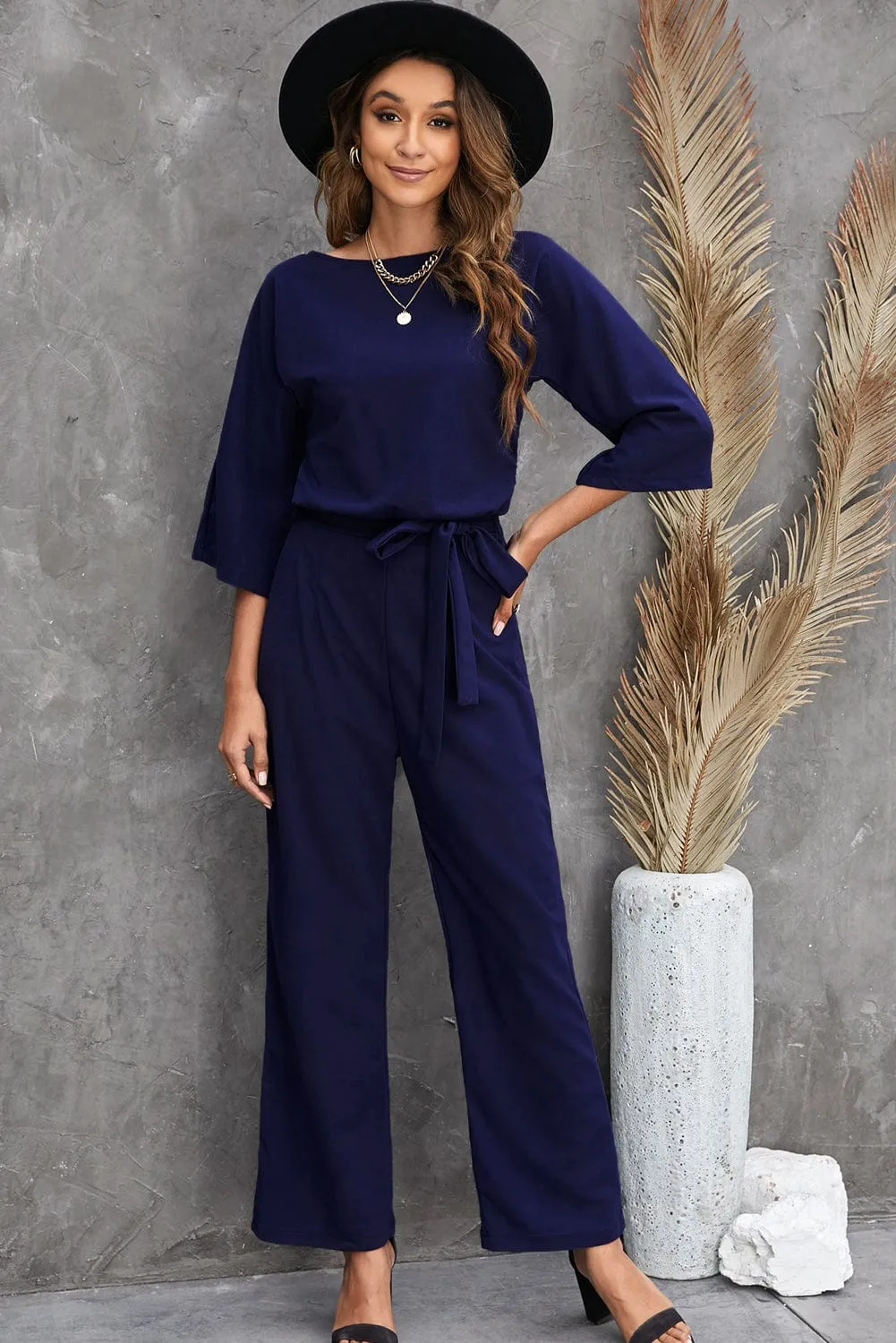 Dressy Jumpsuits for Women - Loose, Casual, Off-Shoulder, Wide Leg, Elastic Waist, Stretchy, 3/4 Sleeve