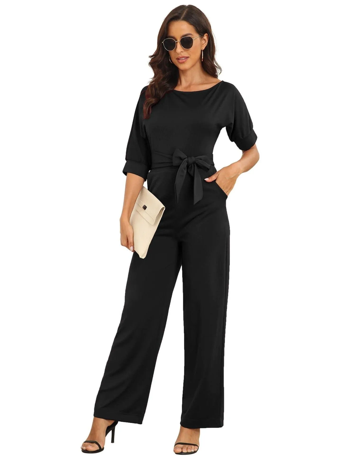 Dressy Jumpsuits for Women - Loose, Casual, Off-Shoulder, Wide Leg, Elastic Waist, Stretchy, 3/4 Sleeve