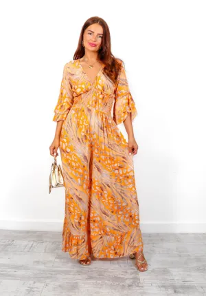 Free Spirited - Orange Beige Leopard Print Wide Leg Jumpsuit