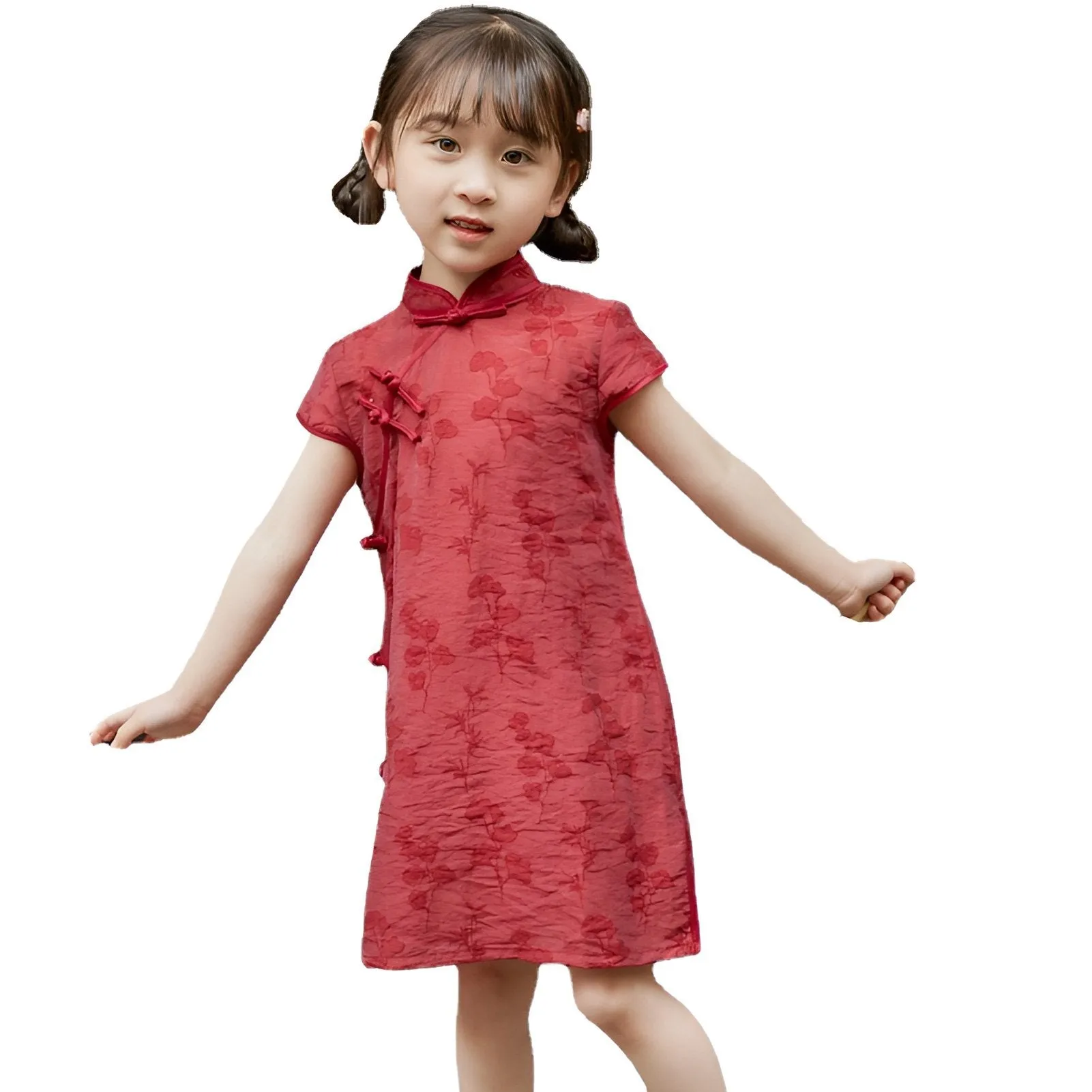 Girls' Red Chinese Dress - Floral Qipao