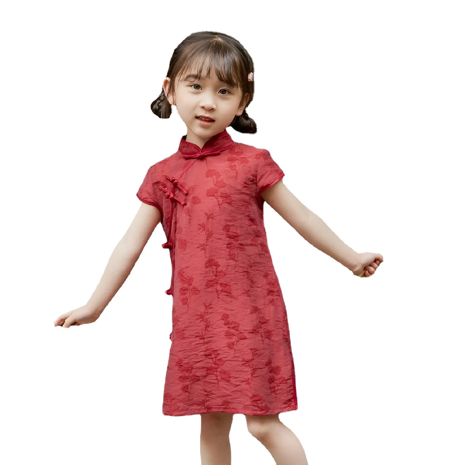 Girls' Red Chinese Dress - Floral Qipao