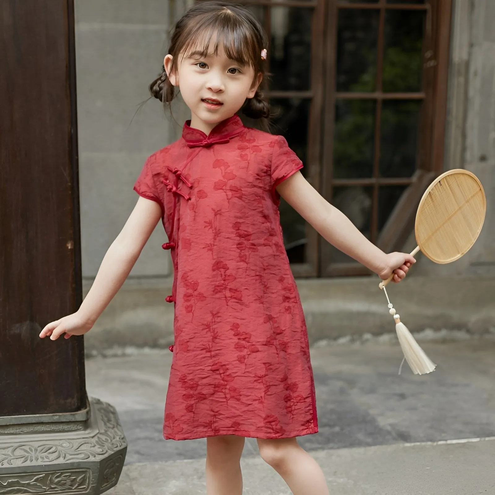 Girls' Red Chinese Dress - Floral Qipao