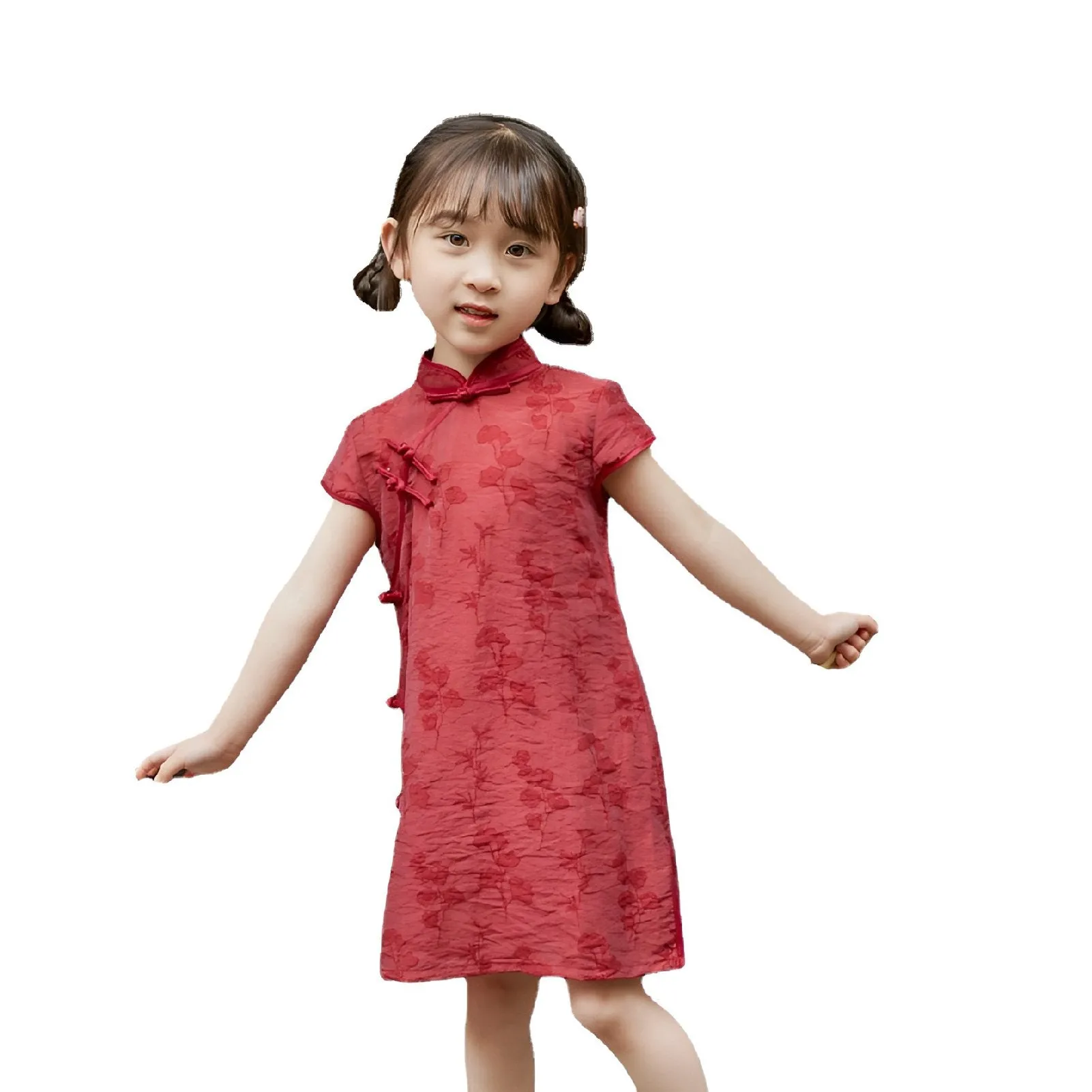 Girls' Red Chinese Dress - Floral Qipao