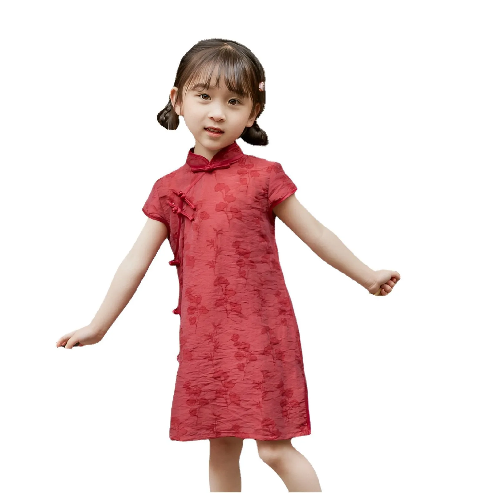 Girls' Red Chinese Dress - Floral Qipao