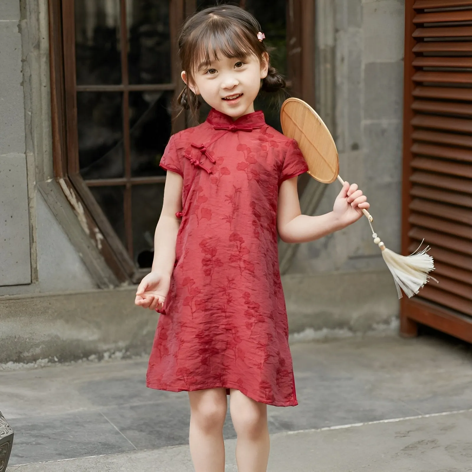 Girls' Red Chinese Dress - Floral Qipao