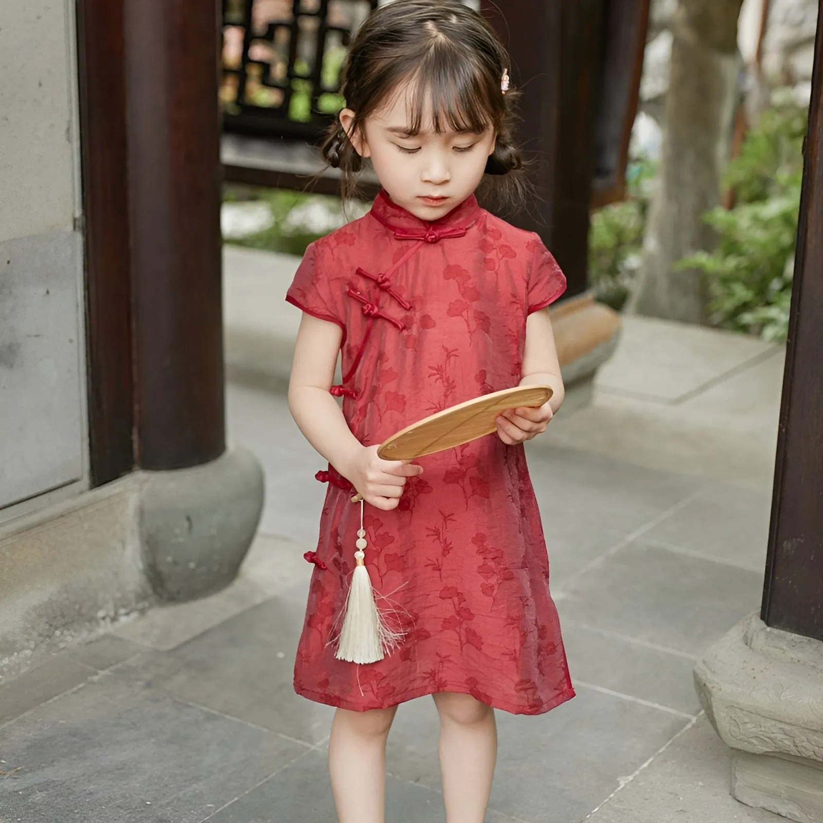 Girls' Red Chinese Dress - Floral Qipao