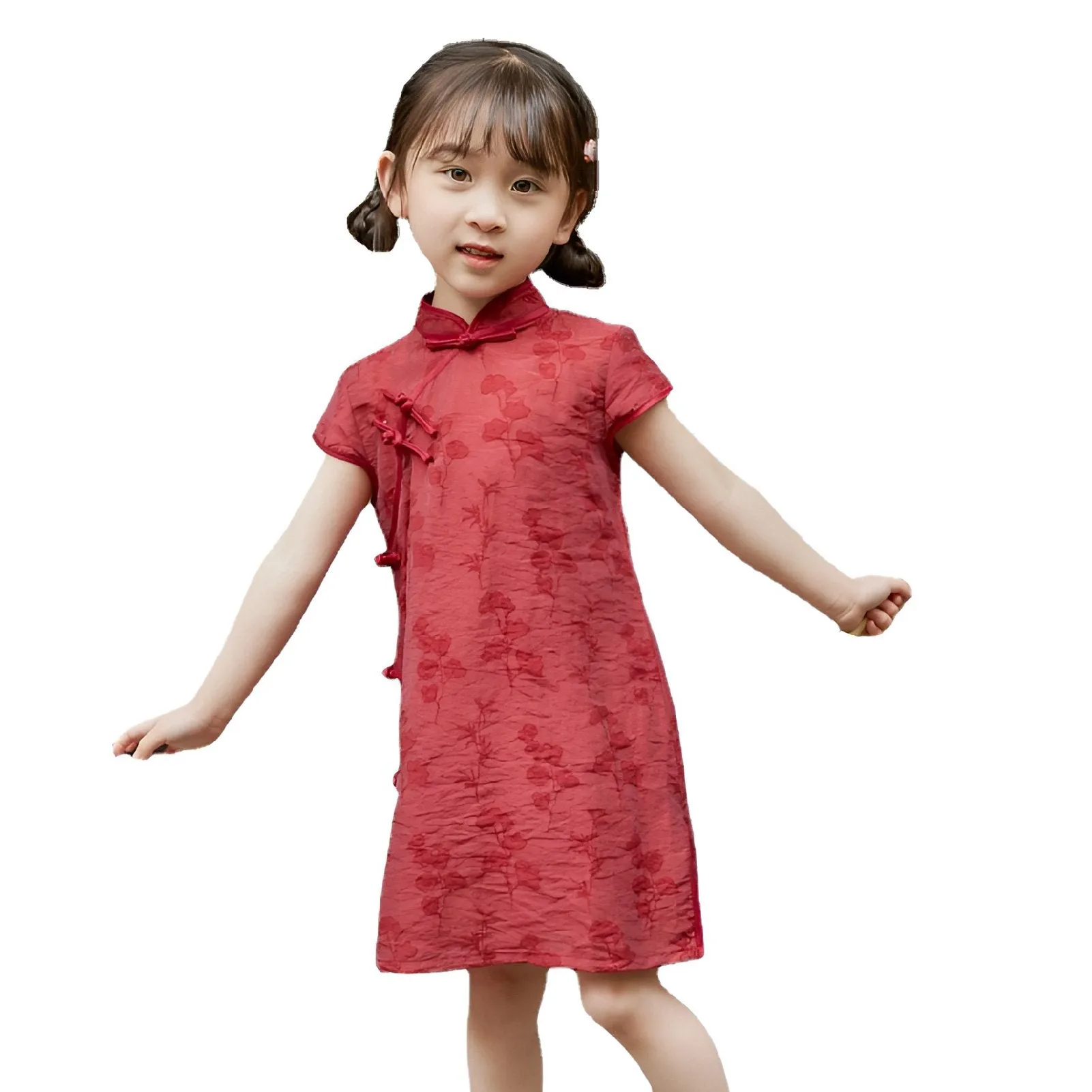 Girls' Red Chinese Dress - Floral Qipao