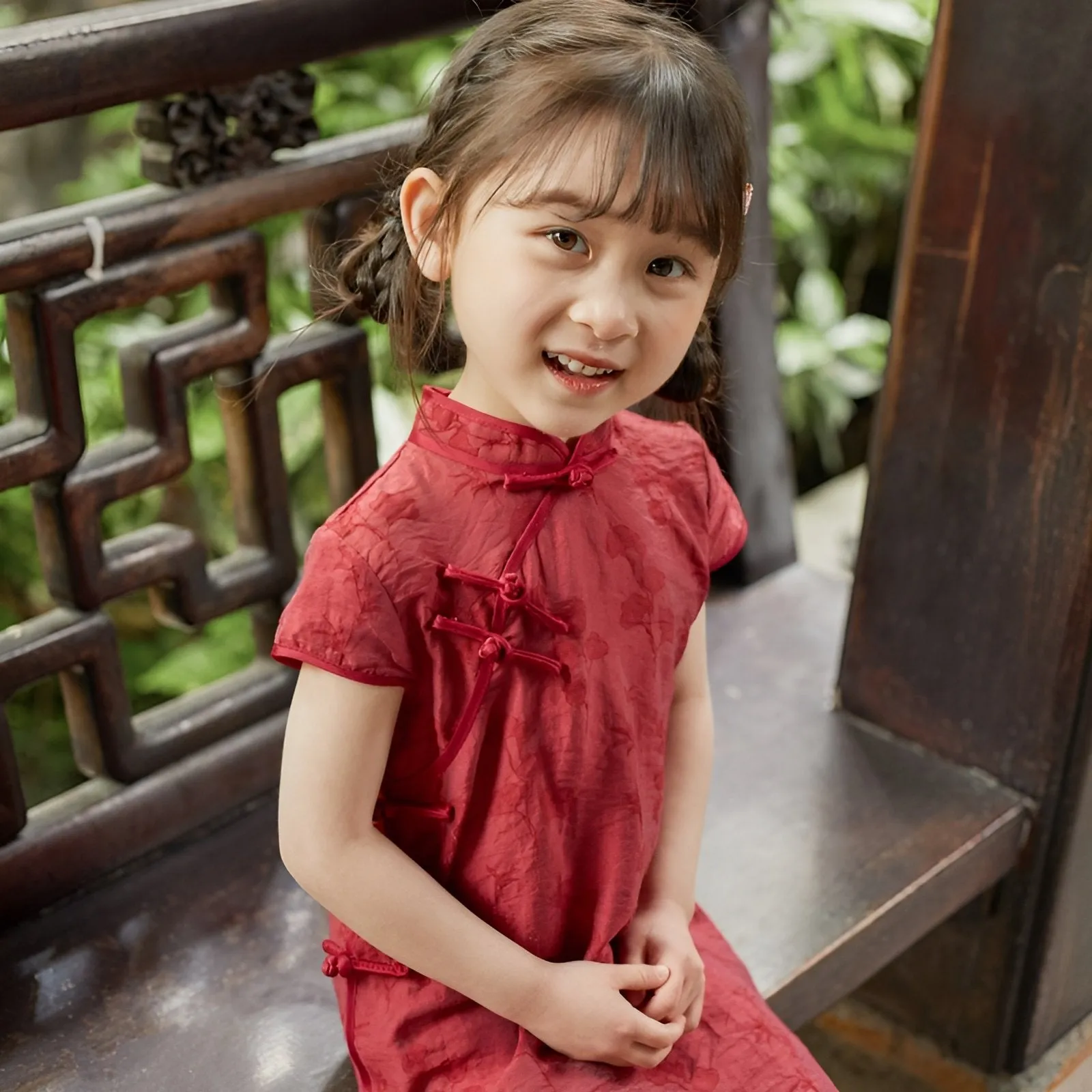 Girls' Red Chinese Dress - Floral Qipao