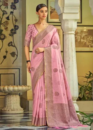 Glamorous Flamingo Pink Soft Linen Weaving Saree with Belt