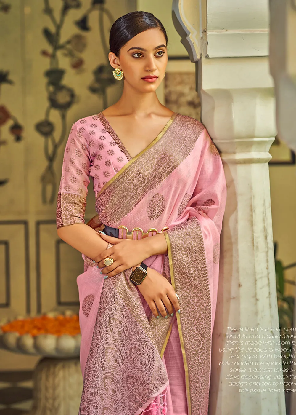 Glamorous Flamingo Pink Soft Linen Weaving Saree with Belt