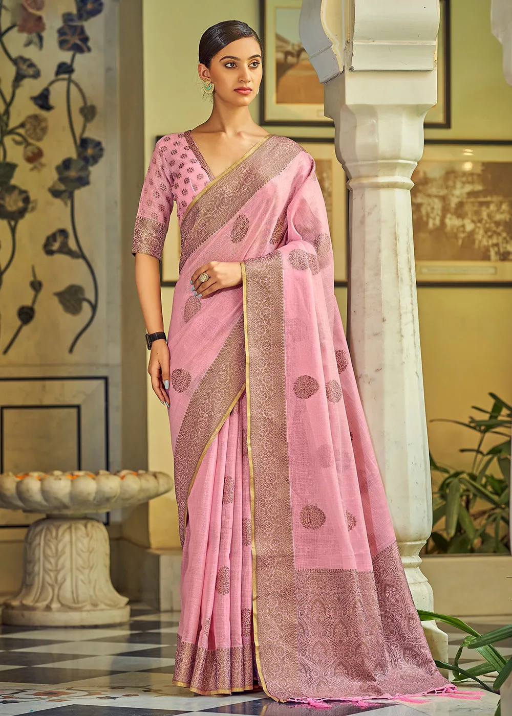 Glamorous Flamingo Pink Soft Linen Weaving Saree with Belt