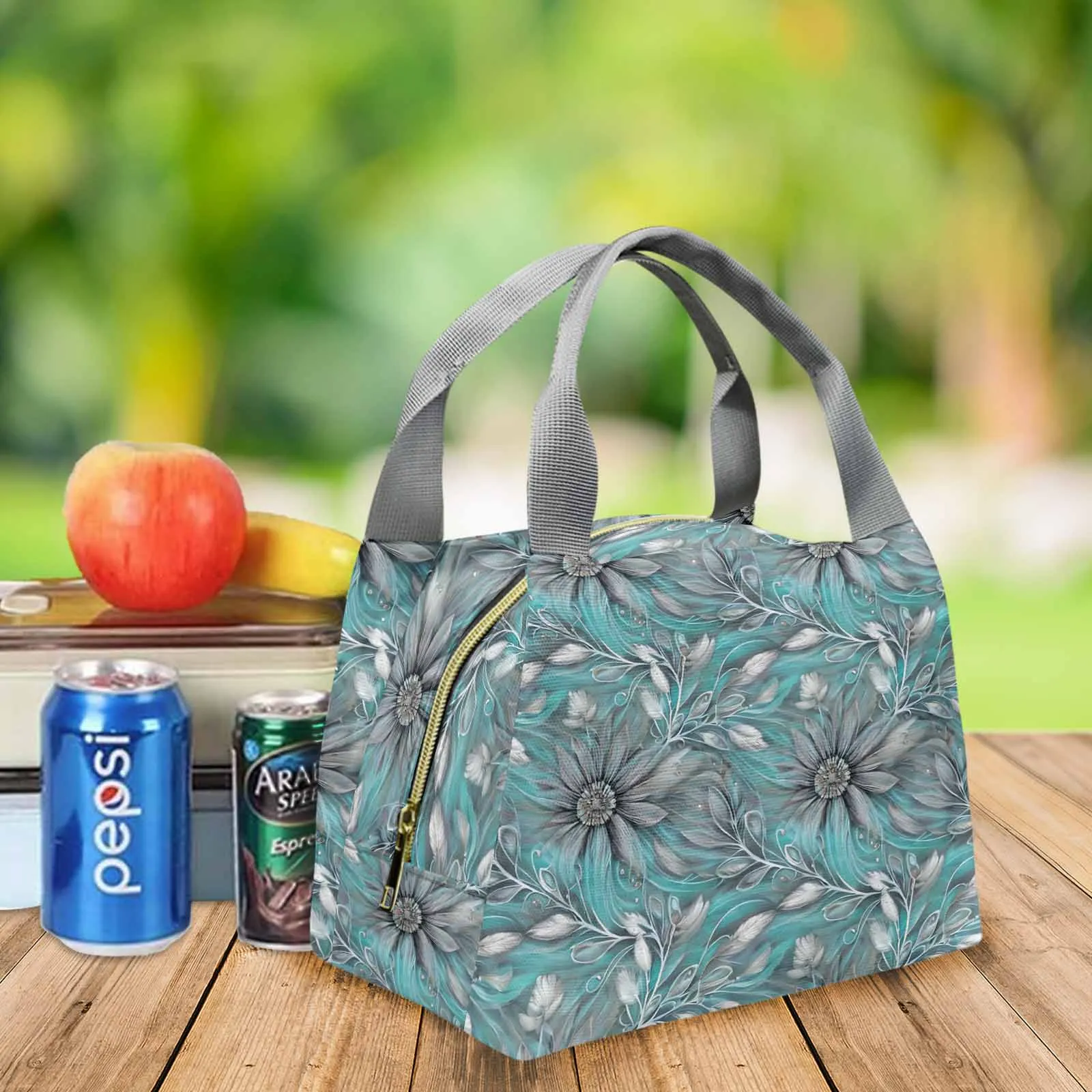 Green Elegant Floral 25  Portable Lunch Bag-Grey Handle