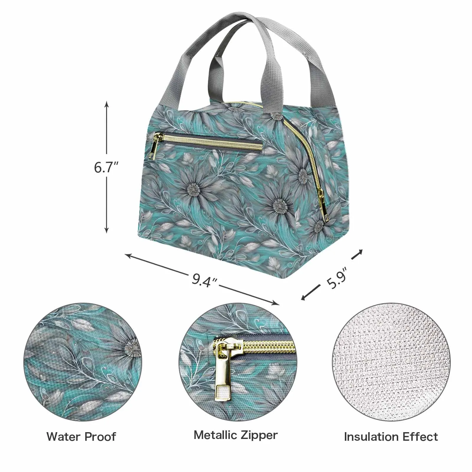 Green Elegant Floral 25  Portable Lunch Bag-Grey Handle