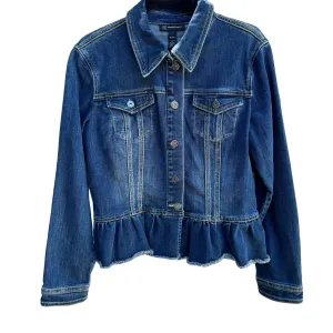 I.N.C. Womens Denim Peplum Long Sleeve Button Up Ruffle Hem Jean Jacket - Medium