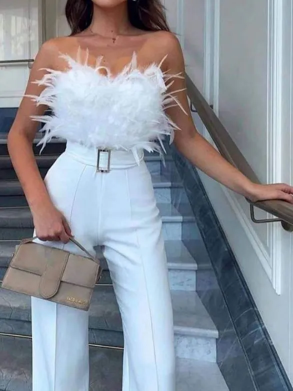 Jumpsuits Feather Bandeau Belt Jumpsuit for Women