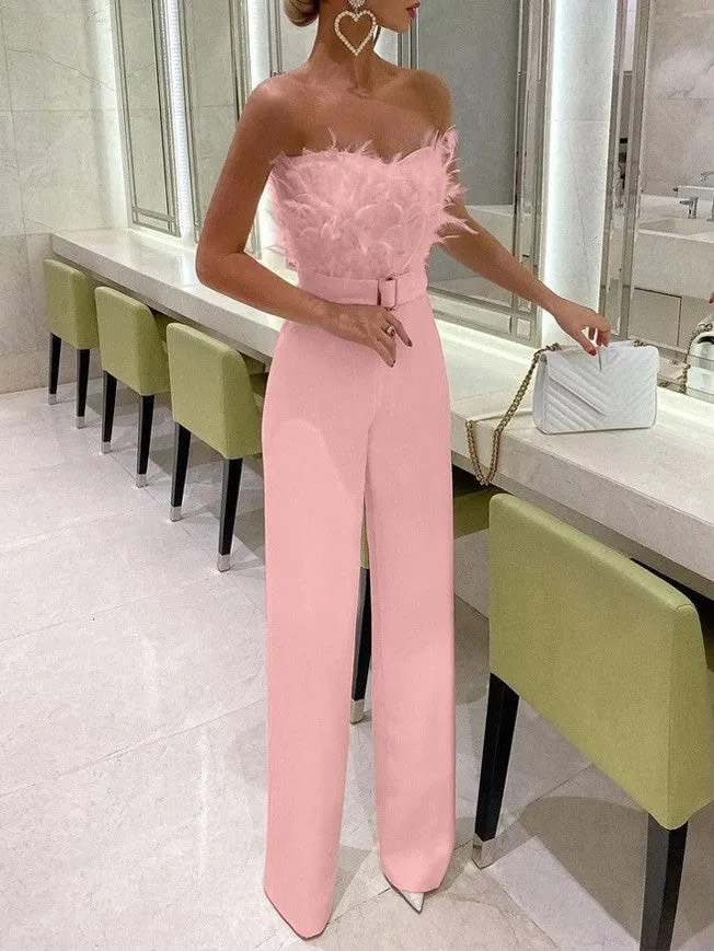 Jumpsuits Feather Bandeau Belt Jumpsuit for Women