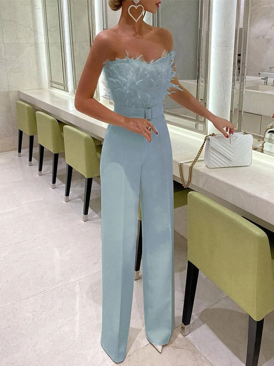 Jumpsuits Feather Bandeau Belt Jumpsuit for Women