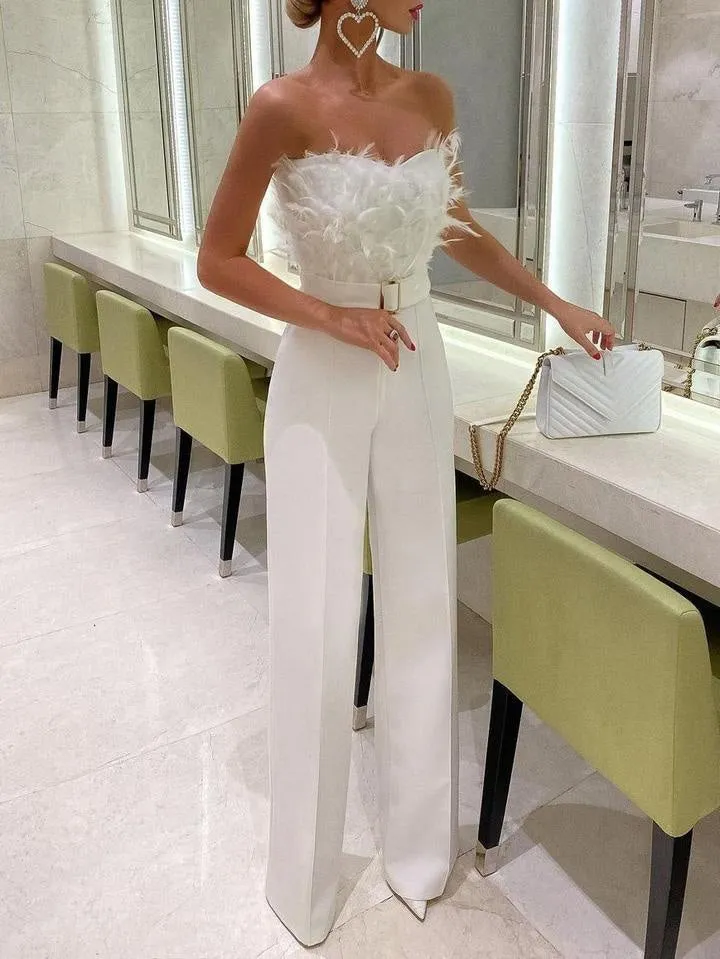 Jumpsuits Feather Bandeau Belt Jumpsuit for Women