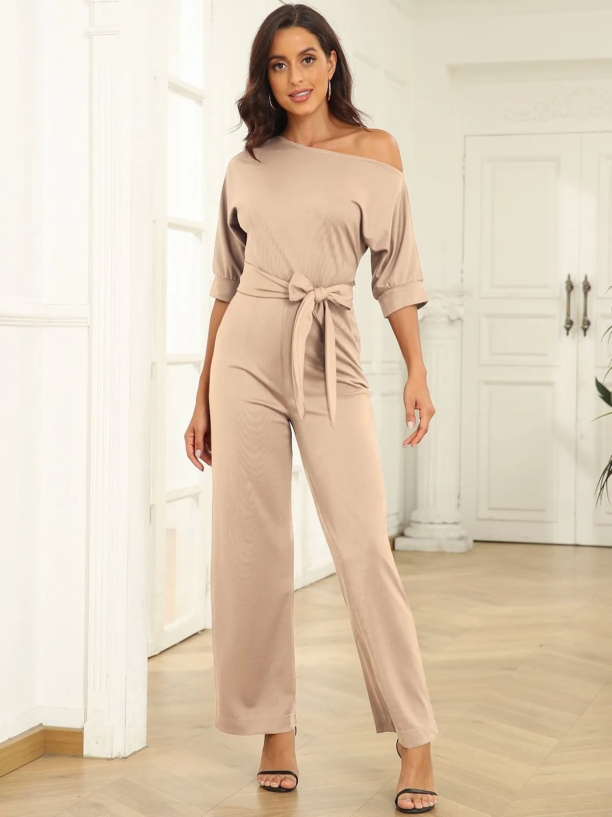 Jumpsuits Sloping Shoulder Pocket Lace Up Jumpsuit for Women