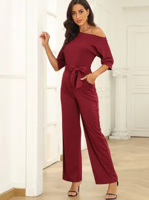 Jumpsuits Sloping Shoulder Pocket Lace Up Jumpsuit for Women