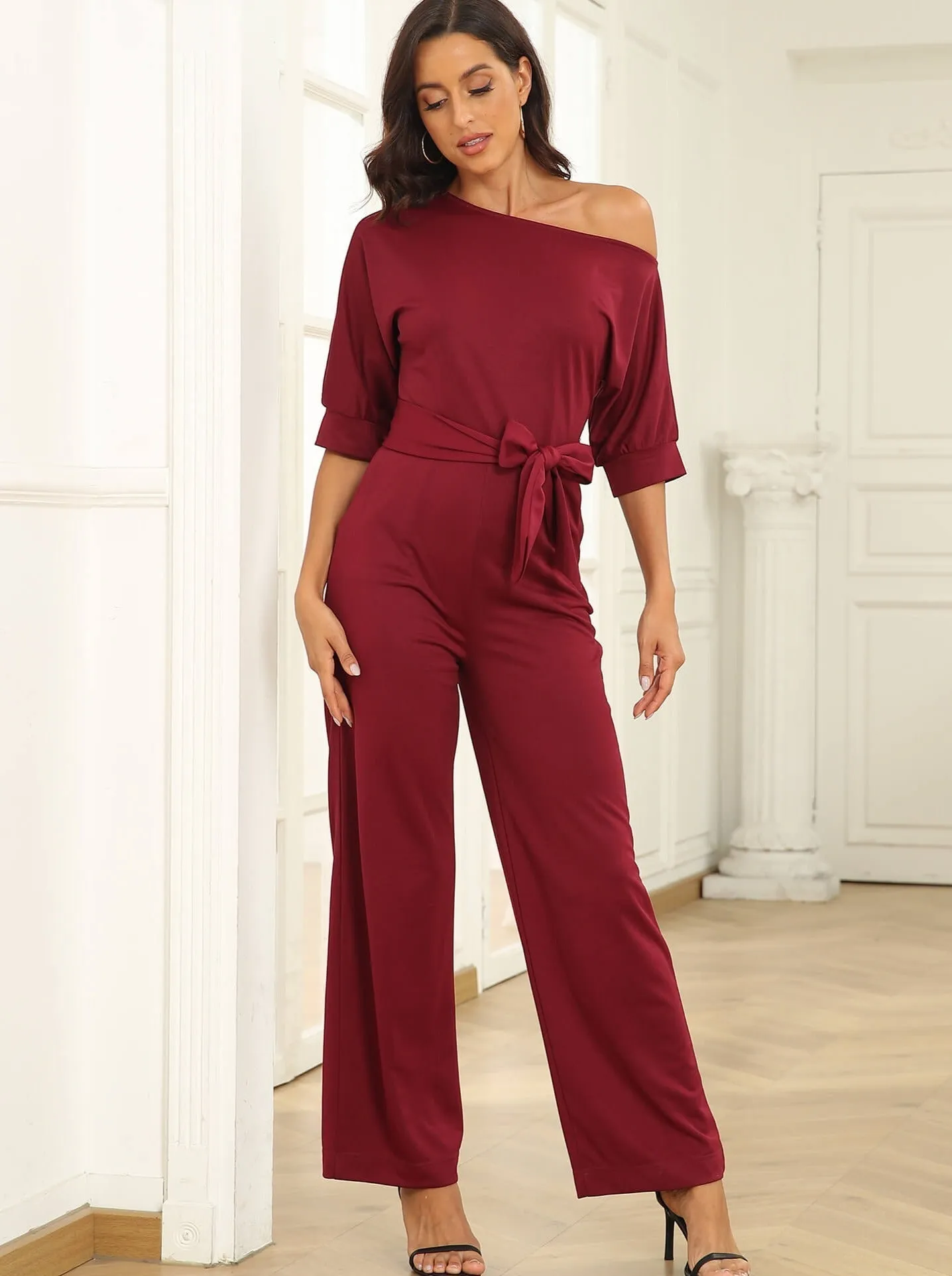 Jumpsuits Sloping Shoulder Pocket Lace Up Jumpsuit for Women